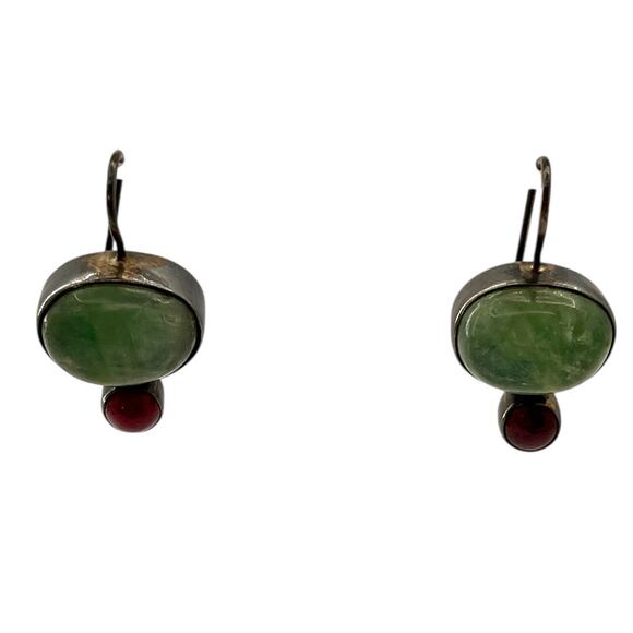 Vintage Jane Diaz 925 Sterling Silver Dangle Womens Earrings Green Red Stone - Picture 1 of 9